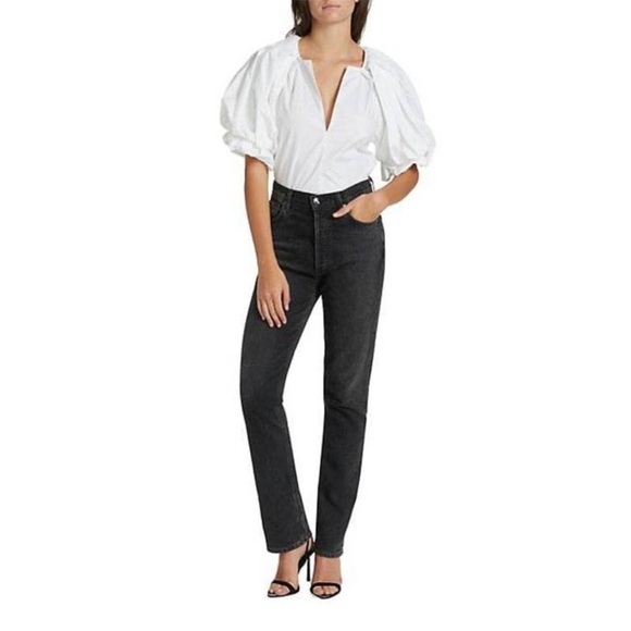 A.L.C. White Cara Puff Sleeve Split V neck Popover Cotton Blouse Size 6 - Picture 4 of 9